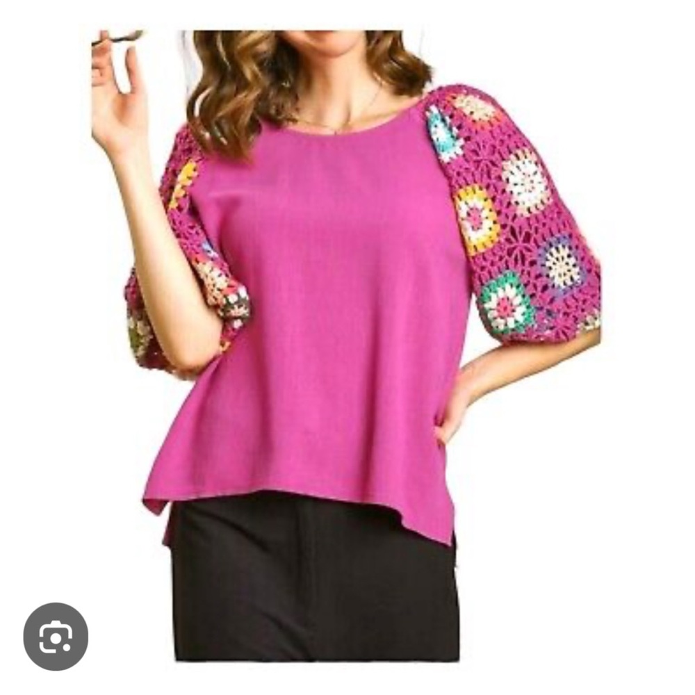 Umgee Pink Blouse with Colorful Crochet Sleeves